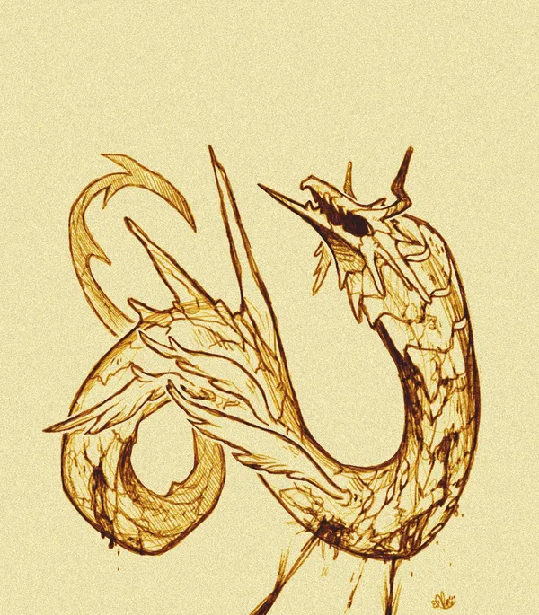 A naturalist style sketch image depicting a scaled snake-like Monster suspended in the sky with deep wounds along its body. The Monster is covered in thick plates, and is very angular, with petrusions, wings, and sharp points jutting out from its face and body. It is coiled and has a pained expresson on its face.